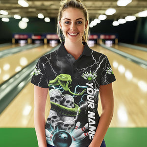 Custom Thunder Lightning Snake Skull Bowling Polo Shirts For Women, Team Bowling Jerseys IPHW8672