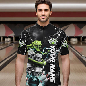 Custom Thunder Lightning Snake Skull Bowling Quarter-Zip Shirts For Men, Team Bowling Jerseys IPHW8672