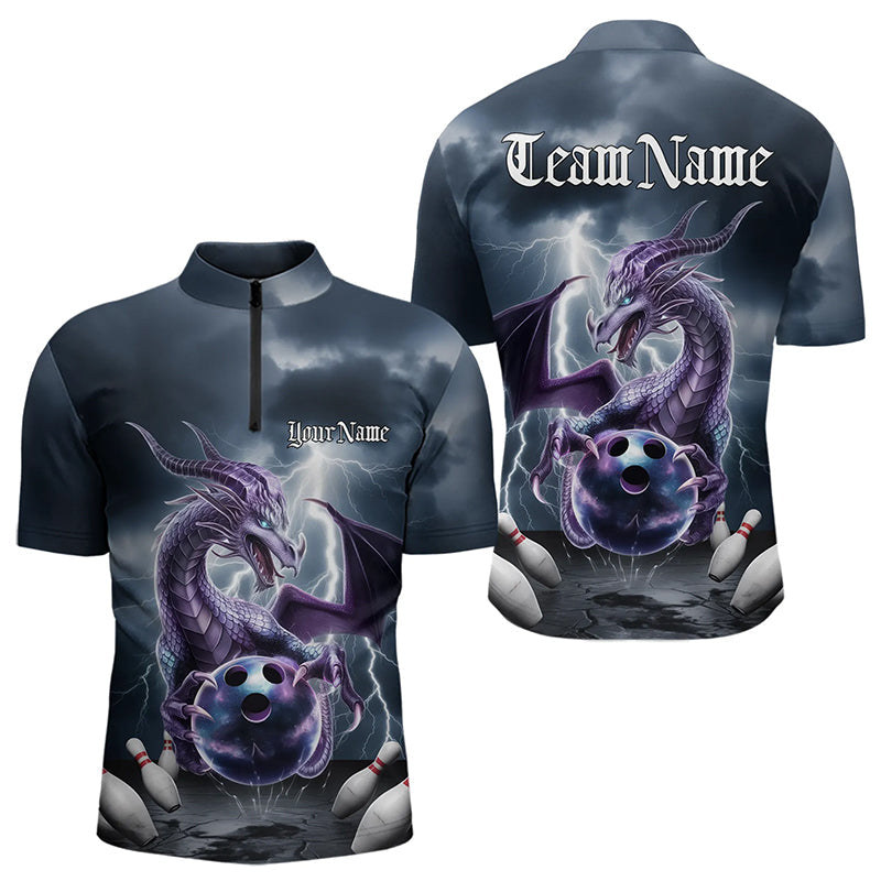 Custom Thunder Lightning Purple Dragon Bowling Quarter-Zip Shirts For Men, Bowling Team Uniform IPHW8676