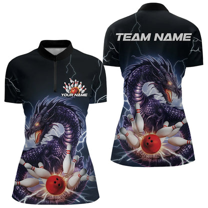 Custom Thunder Lightning Dragon Womens Bowling Quarter-Zip Shirts, Bowling League Shirt IPHW8677