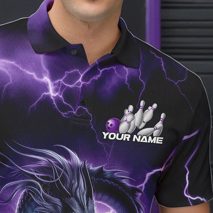 Custom Black And Purple Thunder Lightning Dragon Bowling Polo Shirts For Men, Team Uniform IPHW8679