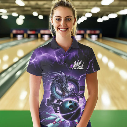 Custom Black And Purple Thunder Lightning Dragon Bowling Polo Shirt For Women, Team Uniform IPHW8679