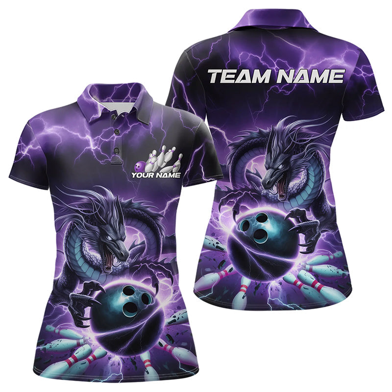 Custom Black And Purple Thunder Lightning Dragon Bowling Polo Shirt For Women, Team Uniform IPHW8679