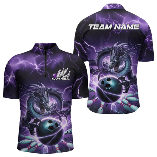 Custom Black And Purple Thunder Lightning Dragon Bowling Quarter-Zip Shirts For Men, Team Uniform IPHW8679