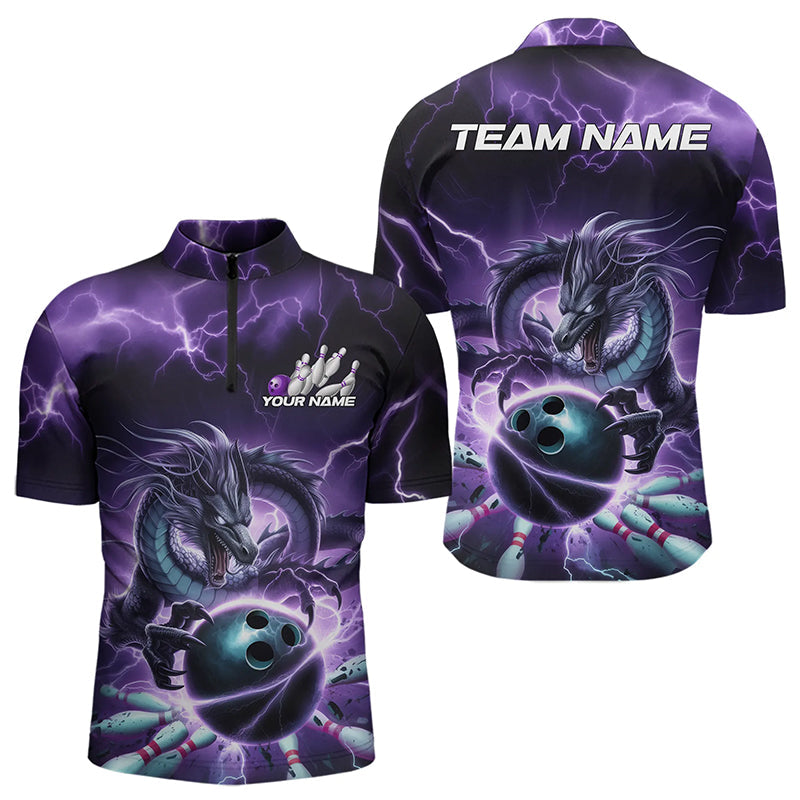 Custom Black And Purple Thunder Lightning Dragon Bowling Quarter-Zip Shirts For Men, Team Uniform IPHW8679