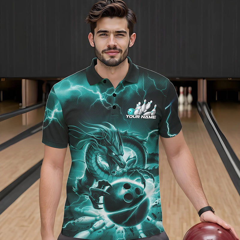 Custom Black And Blue Thunder Lightning Dragon Bowling Polo Shirts For Men, Team Uniform IPHW8680