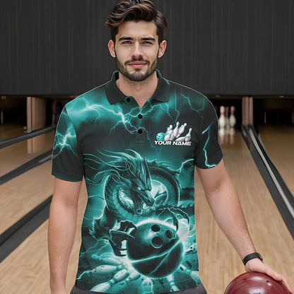 Custom Black And Blue Thunder Lightning Dragon Bowling Polo Shirts For Men, Team Uniform IPHW8680