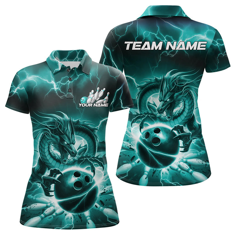 Custom Black And Blue Thunder Lightning Dragon Bowling Polo Shirts For Women, Team Uniform IPHW8680