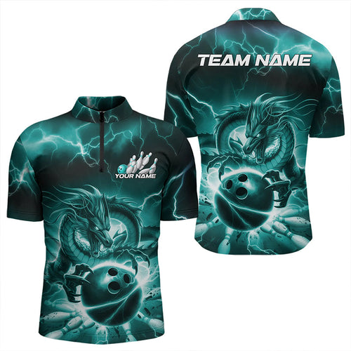 Custom Black And Blue Thunder Lightning Dragon Bowling Quarter-Zip Shirts For Men, Team Uniform IPHW8680