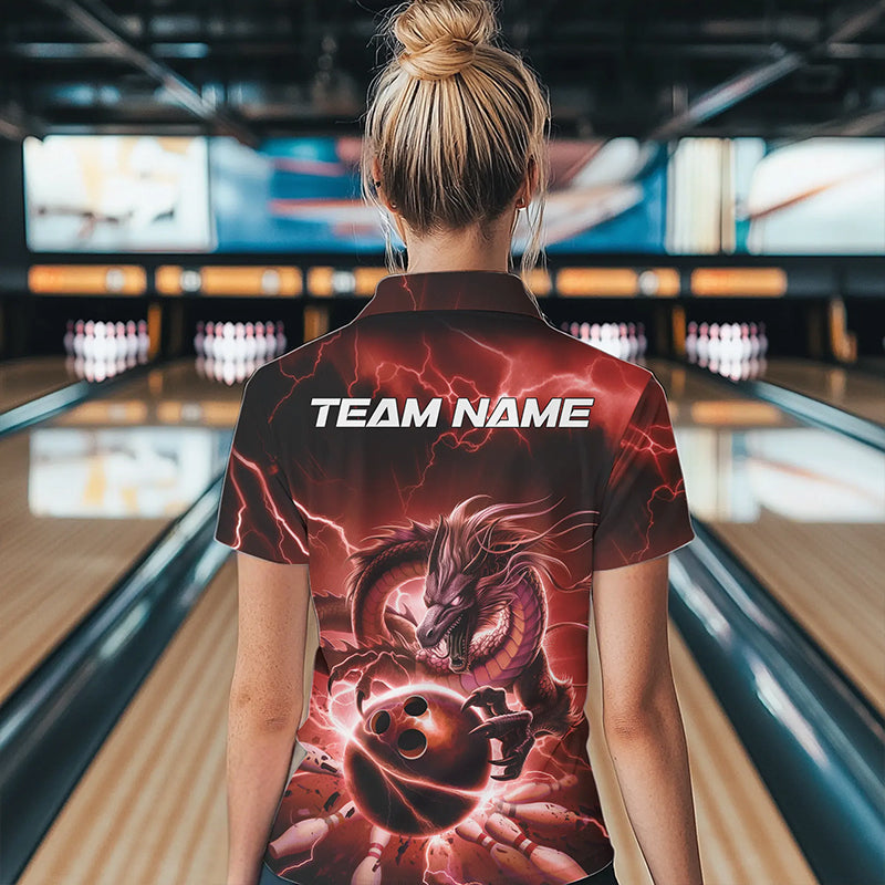 Custom Black And Red Thunder Lightning Dragon Bowling Polo Shirts For Women, Team Uniform IPHW8681