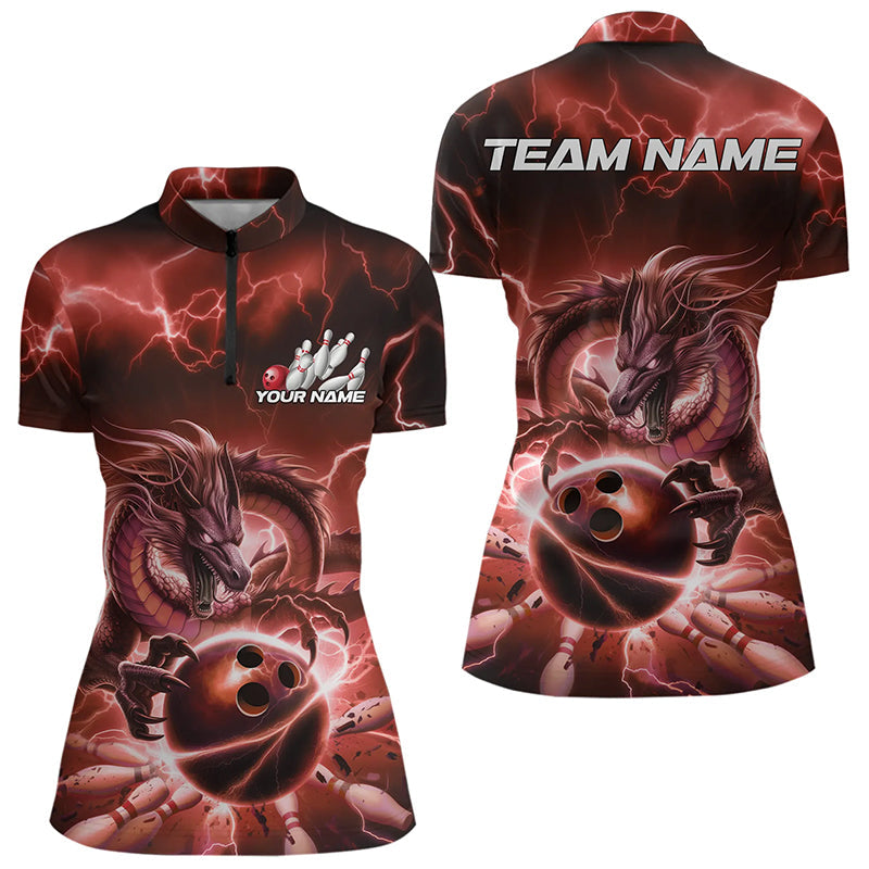 Custom Black And Red Thunder Lightning Dragon Womens Bowling Quarter-Zip Team Shirts IPHW8681