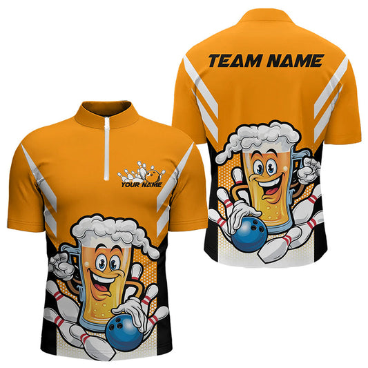Custom Funny Beer Bowling Quarter-Zip Shirts For Men, Yellow Bowling Team Bowling League Shirt IPHW8930
