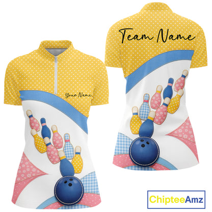 Front and back mockup of a women’s bowling quarter-zip shirt featuring colorful bowling balls, pins, polka dots, and patchwork-style graphics.