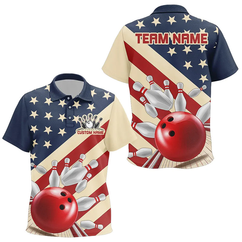 Custom Vintage US Flag Bowling Team Polo Shirt For Kid, Retro Patriotic Bowling Jerseys IPHW6515