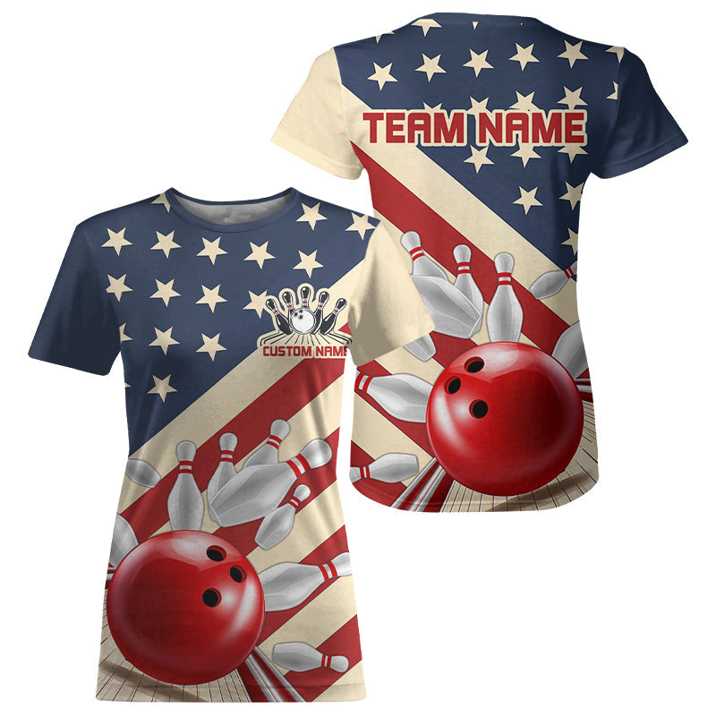 Custom Vintage US Flag Bowling Team For Women, Retro Patriotic Bowling Jerseys IPHW6515