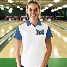 Load image into Gallery viewer, A woman stands in a bowling alley wearing a bowling shirt with polo collar, blue skull-themed bowling graphic with black wings, pins, bowling ball