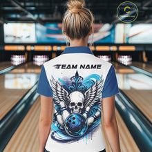 Load image into Gallery viewer, Back view of a woman in a bowling alley wearing a bowling shirt with polo collar, blue skull-themed bowling graphic with black wings, pins, bowling ball shirt with “Team Name” across the shoulders.