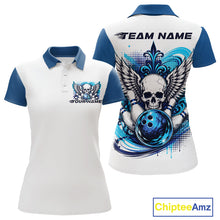 Load image into Gallery viewer, Front and back views of a white womens bowling shirt with polo collar, blue skull-themed bowling graphic with black wings, pins, bowling ball