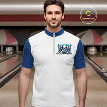 Load image into Gallery viewer, A man stands in a bowling alley wearing a bowling shirt with quarter zip collar, blue skull-themed bowling graphic with black wings, pins, bowling ball