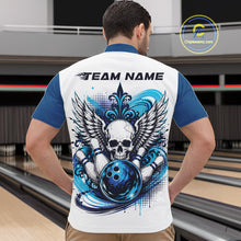 Load image into Gallery viewer, Back view of a man in a bowling alley wearing a bowling shirt with quarter zip collar, blue skull-themed bowling graphic with black wings, pins, bowling ball shirt with “Team Name” across the shoulders.