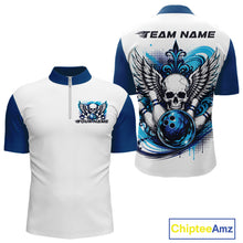 Load image into Gallery viewer, Front and back views of a white mens bowling shirt with quarter zip collar, blue skull-themed bowling graphic with black wings, pins, bowling ball