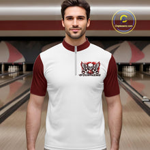 Load image into Gallery viewer, A man stands in a bowling alley wearing a bowling shirt with quarter zip collar, red skull-themed bowling graphic with black wings, pins, bowling ball