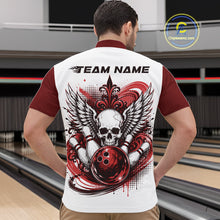 Load image into Gallery viewer, Back view of a man in a bowling alley wearing a bowling shirt with quarter zip collar, red skull-themed bowling graphic with black wings, pins, bowling ball shirt with “Team Name” across the shoulders.