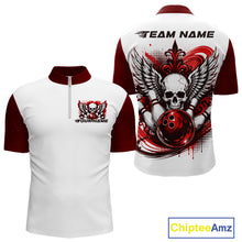 Load image into Gallery viewer, Front and back views of a white mens bowling shirt with quarter zip collar, red skull-themed bowling graphic with black wings, pins, bowling ball
