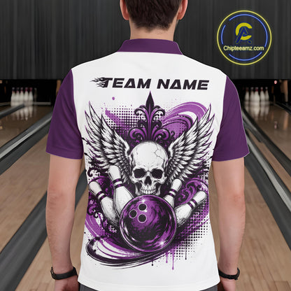 Back view of a man in a bowling alley wearing a bowling shirt with polo collar, purple skull-themed bowling graphic with black wings, pins, bowling ball shirt with “Team Name” across the shoulders.