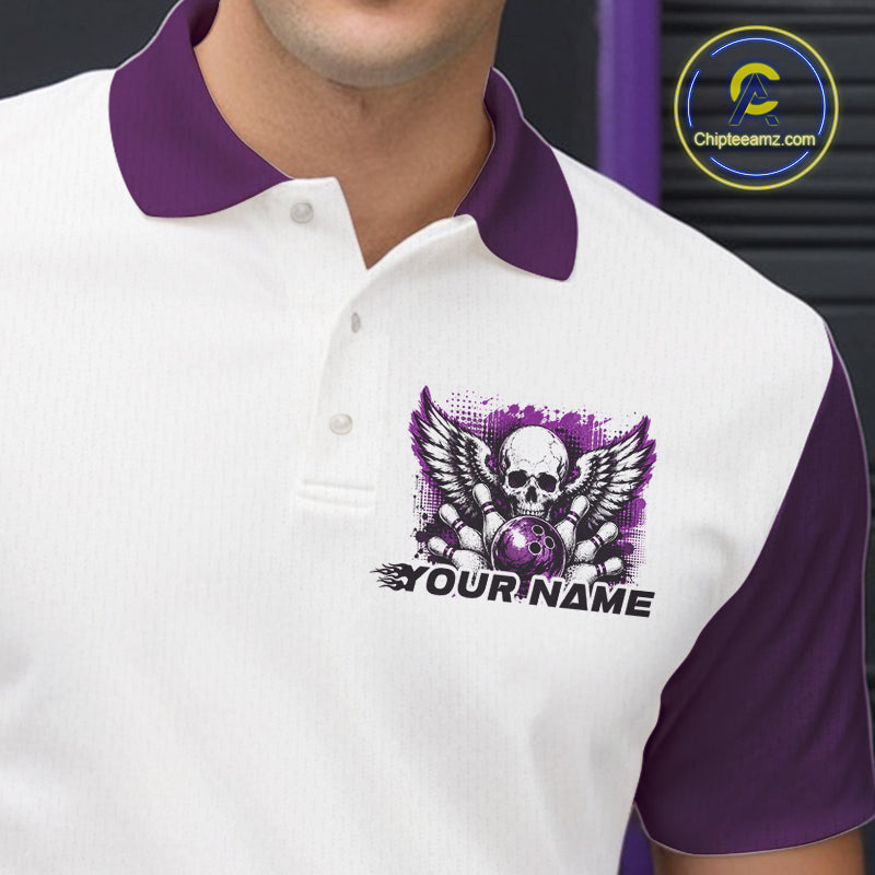 Close of a white mens bowling shirt with polo collar, purple skull-themed bowling graphic with black wings, pins, bowling ball