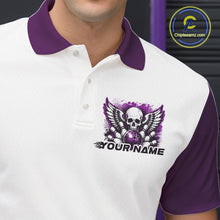 Load image into Gallery viewer, Close of a white mens bowling shirt with polo collar, purple skull-themed bowling graphic with black wings, pins, bowling ball