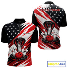 Load image into Gallery viewer, Front and back views of a black, white, and red thin line american flag bowling men quarter zip shirt with cobra artwork, bowling pins, an red ball, and customizable name text.