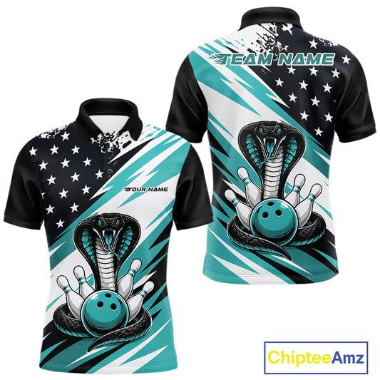Front and back views of a black, white, and blue thin line american flag bowling men quarter zip shirt with cobra artwork, bowling pins, an blue ball, and customizable name text.