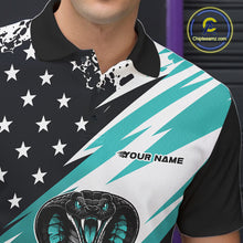 Load image into Gallery viewer, Close-up view of the left chest on a bowling polo shirt featuring a custom name, American flag, and cobra snake design.
