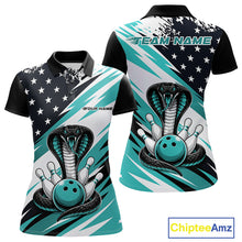 Load image into Gallery viewer, Front and back views of a black, white, and blue thin line american flag bowling women polo shirt with cobra artwork, bowling pins, an blue ball, and customizable name text.
