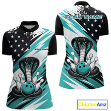Load image into Gallery viewer, Front and back views of a black, white, and blue thin line american flag bowling women quarter zip shirt with cobra artwork, bowling pins, an blue ball, and customizable name text.