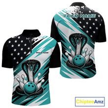 Load image into Gallery viewer, Front and back views of a black, white, and blue thin line american flag bowling men quarter zip shirt with cobra artwork, bowling pins, an blue ball, and customizable name text.