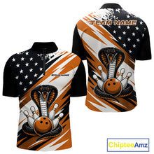 Load image into Gallery viewer, Front and back views of a black, white, and orange thin line american flag bowling men quarter zip shirt with cobra artwork, bowling pins, an orange ball, and customizable name text.