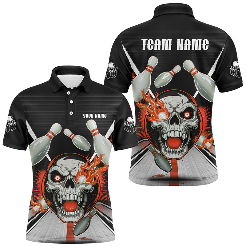 Customizable Red Orange Flame Bowling Shirts, Skull Bowling Polo Shirt For Men IPHW6857