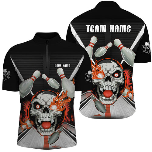 Customizable Red Orange Flame Bowling Shirts, Skull Bowling Quarter Zip Shirt For Men IPHW6857