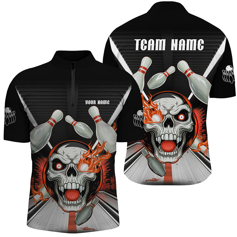 Customizable Red Orange Flame Bowling Shirts, Skull Bowling Quarter Zip Shirt For Men IPHW6857