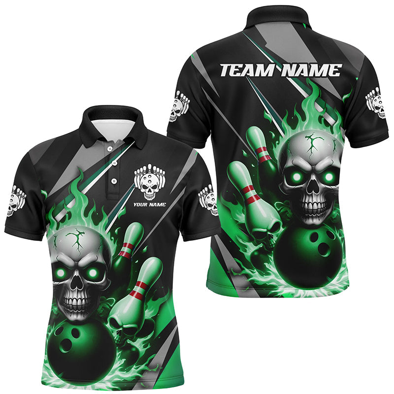 Custom Green Flame Bowling Team Shirts, Halloween Skull Bowling Polo Shirt For Men IPHW6866