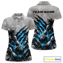 Load image into Gallery viewer, Front and back view of a women's bowling polo shirt mockup featuring a dramatic blue bowling ball and pins graphic with bold claw-mark artwork on a gray shirt.