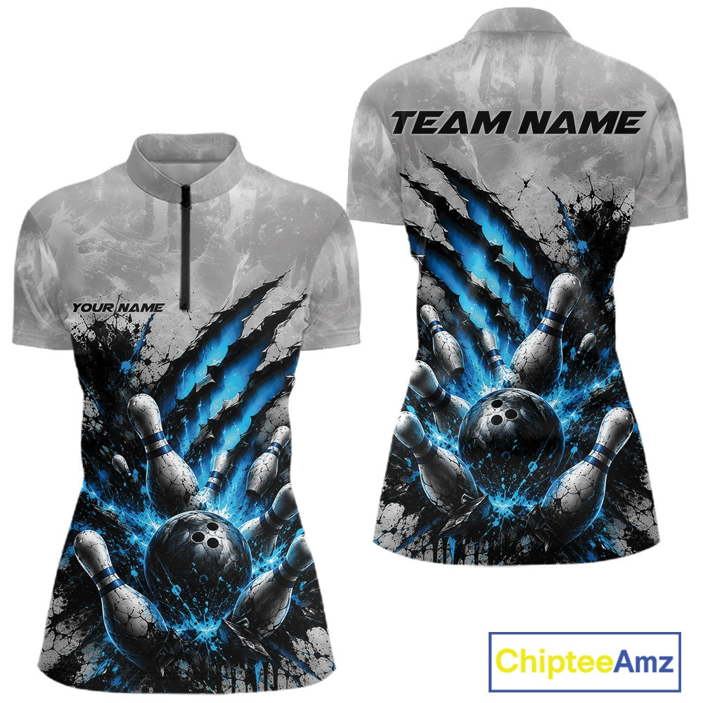 Front and back view of a women's bowling quarter zip mockup featuring a dramatic blue bowling ball and pins graphic with bold claw-mark artwork on a gray shirt.