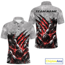 Load image into Gallery viewer, Front and back view of a men's bowling polo shirt mockup featuring a dramatic red bowling ball and pins graphic with claw-mark artwork on a gray shirt.