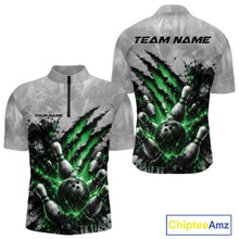 Load image into Gallery viewer, Front and back view of a men's bowling quarter zip shirt mockup featuring a dramatic green bowling ball and pins graphic with claw-mark artwork on a gray shirt.
