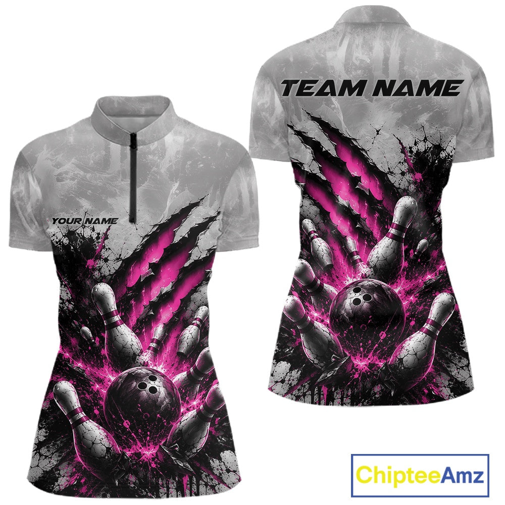 Front and back view of a women's bowling quarter zip mockup featuring a dramatic pink bowling ball and pins graphic with claw-mark artwork on a gray shirt.