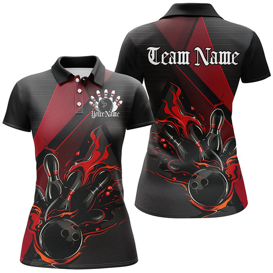 Custom Black And Red Flame Bowling Shirts For Women, Bowling Team Jerseys For Bowlers IPHW7203