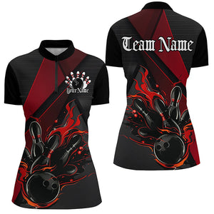 Custom Black And Red Flame Bowling Shirts For Women, Bowling Team Jerseys For Bowlers IPHW7203