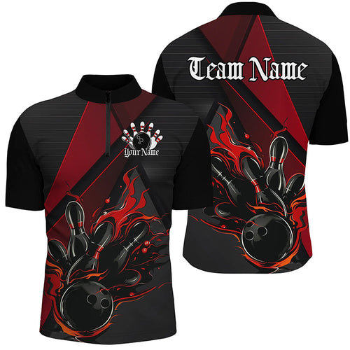 Custom Black And Red Flame Bowling Shirts For Men, Bowling Team Jerseys For Bowlers IPHW7203